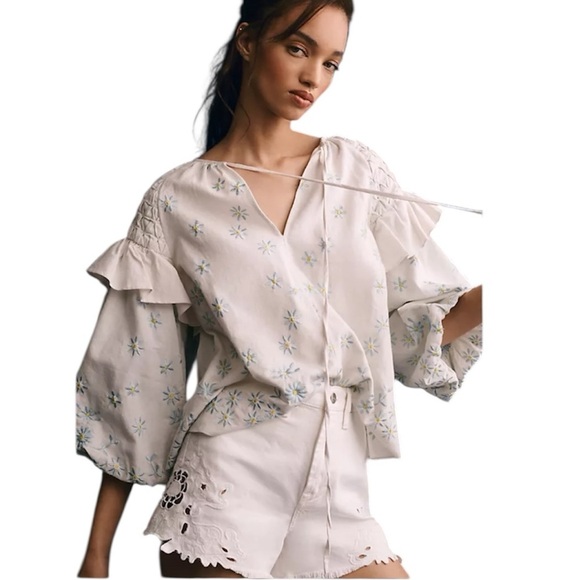 Forever That Girl Anthro | Ruffle-Sleeve Smocked Linen Blouse Size Medium NWT - Picture 1 of 7